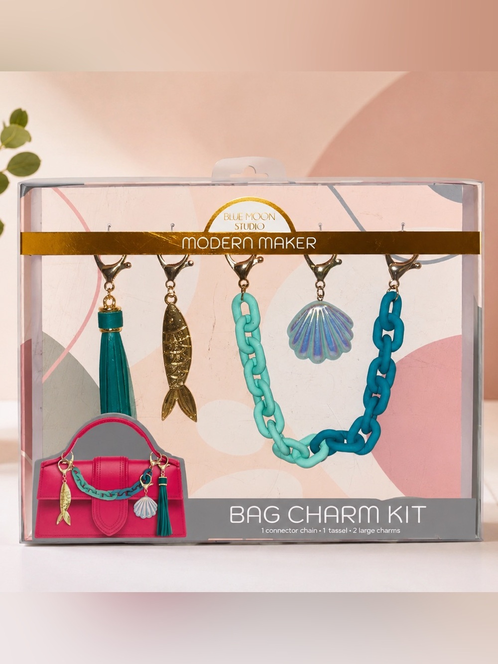 Blue Moon Studio NWT Modern Maker Bag Charm Kit Keychain Shell Tassel Teal Gold